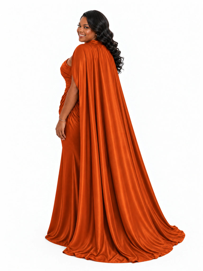 ChicSew Sweetheart Ruched Mermaid Soft Satin Floor-Length Bridesmaid Dresses With Long Cape