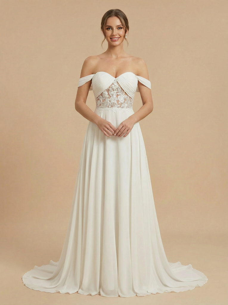 Off Shoulder Lace And Chiffon A-Line Maxi Long Bridal Wedding Dresses Online
