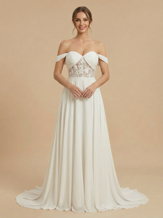 Off Shoulder Lace And Chiffon A-Line Maxi Long Bridal Wedding Dresses Online