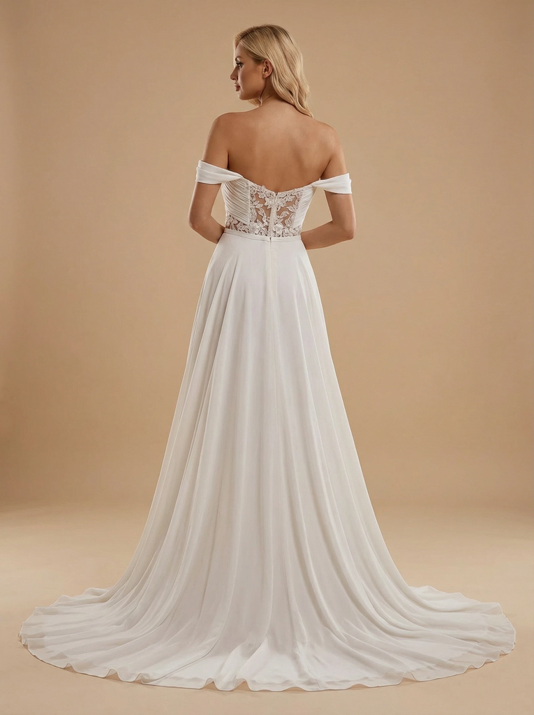 Off Shoulder Lace And Chiffon A-Line Maxi Long Bridal Wedding Dresses Online
