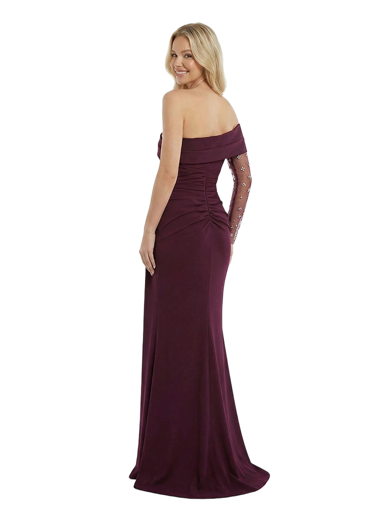 Asymmetrical One Shoulder Jersey Beaded Lace Sleeve Ruched Prom Dress