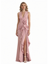 Sexy V-Neck Stretchy Crepe Side Slit Ruffle Sheath Long Evening Gowns For Women