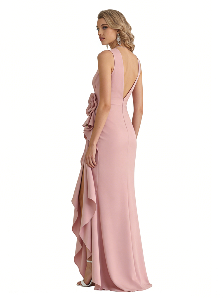 Sexy V-Neck Stretchy Crepe Side Slit Ruffle Sheath Long Evening Gowns For Women