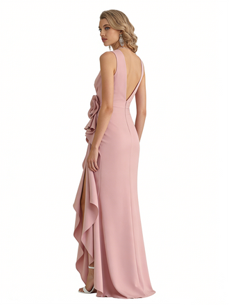 Sexy V-Neck Stretchy Crepe Side Slit Ruffle Sheath Long Evening Gowns For Women