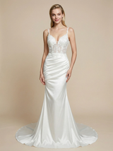 Mermaid Spaghetti Straps V-neck Lace Applique Maxi Long Satin Wedding Dresses Online