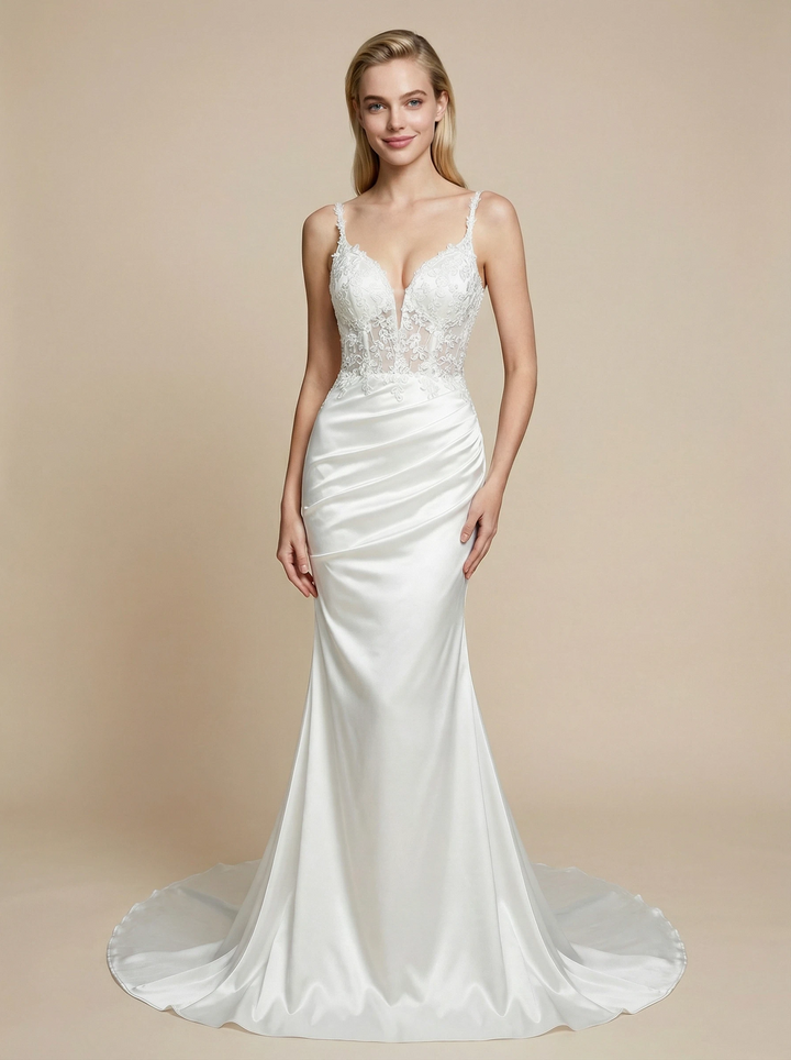 Mermaid Spaghetti Straps V-neck Lace Applique Maxi Long Satin Wedding Dresses Online