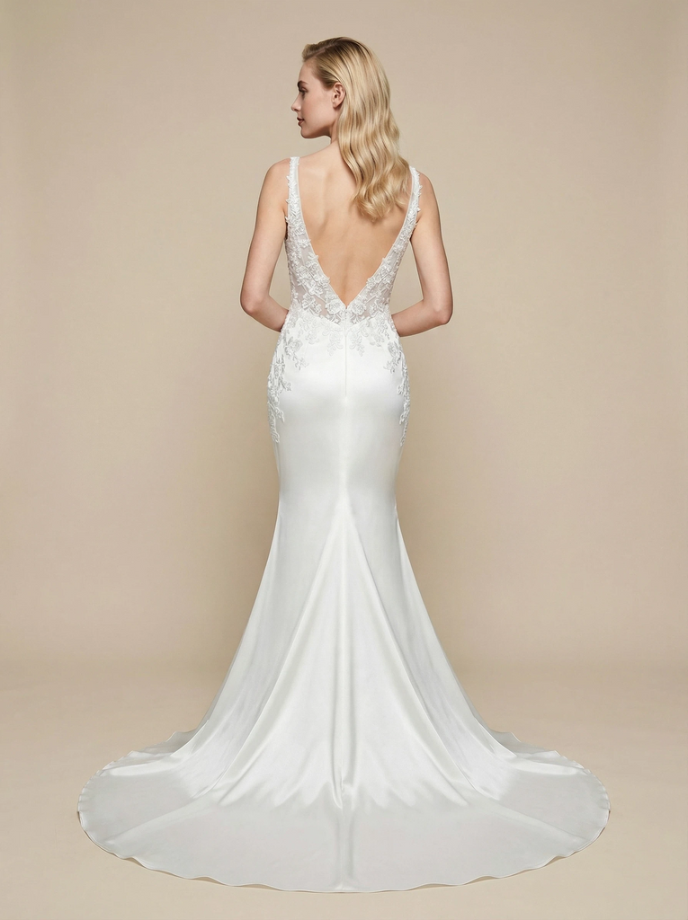 Mermaid Spaghetti Straps V-neck Lace Applique Maxi Long Satin Wedding Dresses Online