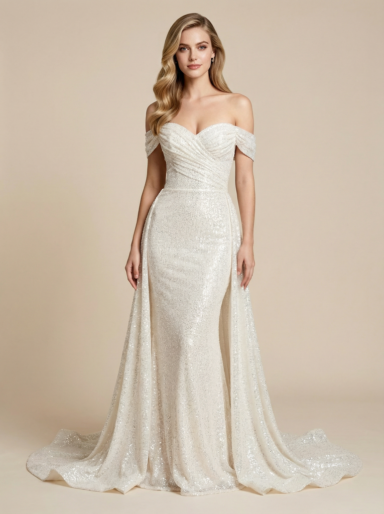 Mermaid V-neck Off Shoulder Ruched Maxi Long Satin And Sequin Wedding Dresses Online