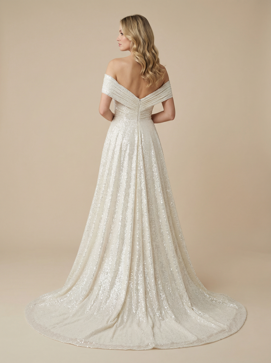 Mermaid V-neck Off Shoulder Ruched Maxi Long Satin And Sequin Wedding Dress With Detachable Skirt