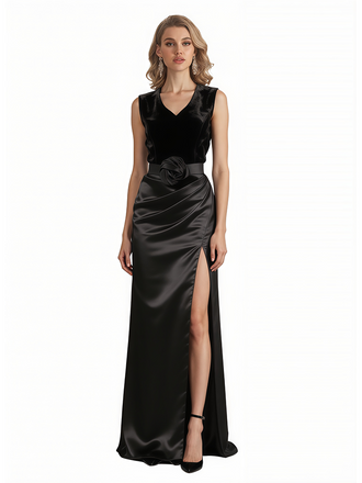 Elegant Velvet And Soft Satin V-Neck Mermaid Side Slit Long Evening Dresses For Women