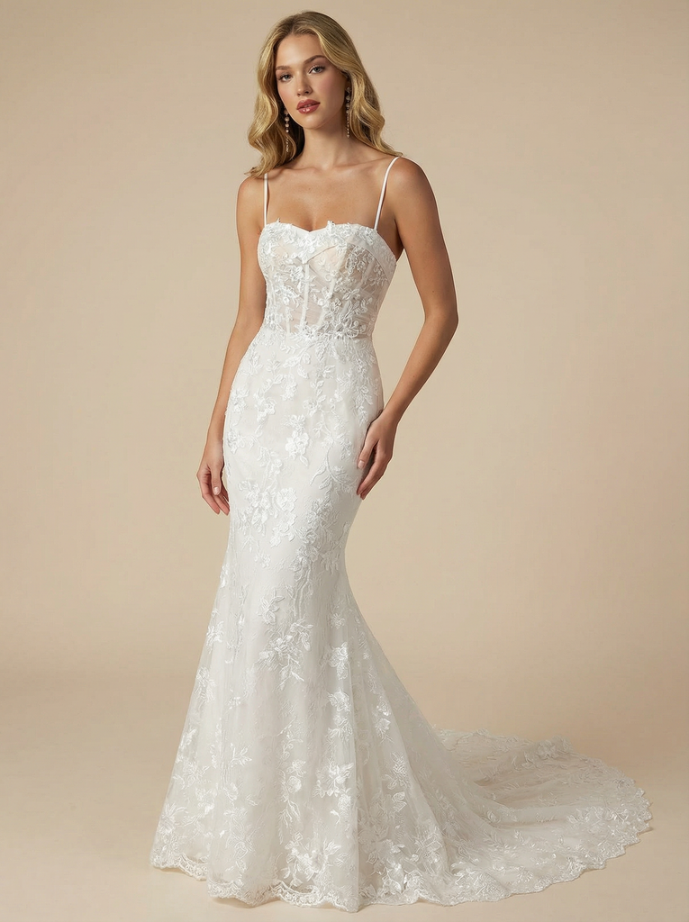 Mermaid Spaghetti Straps Boning Maxi Long Lace Wedding Dresses Online