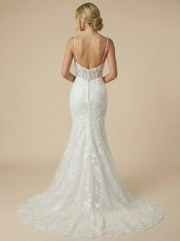 Mermaid Spaghetti Straps Boning Maxi Long Lace Wedding Dresses Online