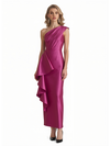 Sexy One Shoulder Silky Satin Ruffle Sheath Ankle-Length Formal Evening Gowns For Women