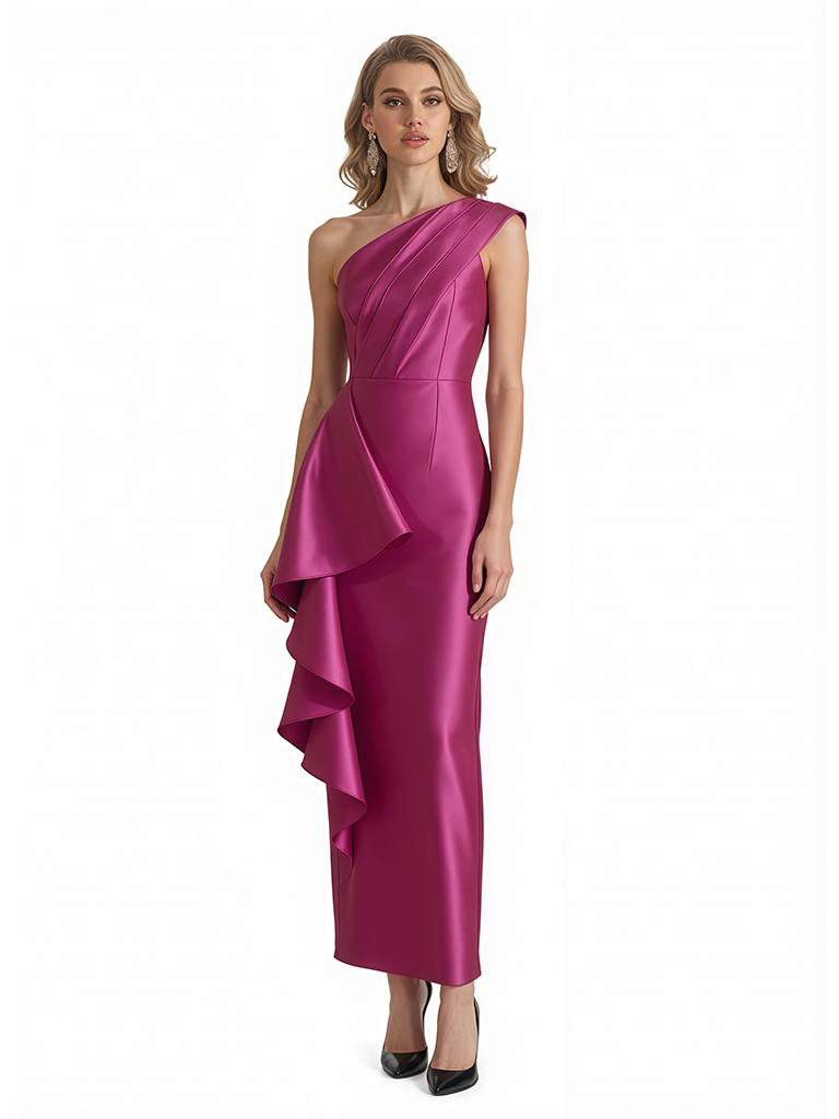Sexy One Shoulder Silky Satin Ruffle Sheath Ankle-Length Formal Evening Gowns For Women