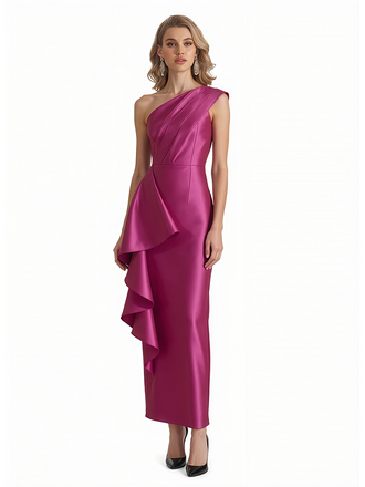 Sexy One Shoulder Silky Satin Ruffle Sheath Ankle-Length Formal Evening Gowns For Women