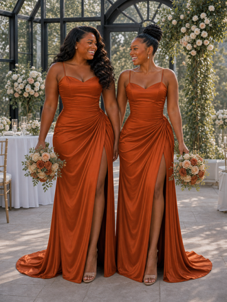 ChicSew Spaghetti Straps Ruching Mermaid Soft Satin Long Bridesmaid Dresses With Side Slit