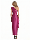 Sexy One Shoulder Silky Satin Ruffle Sheath Ankle-Length Formal Evening Gowns For Women