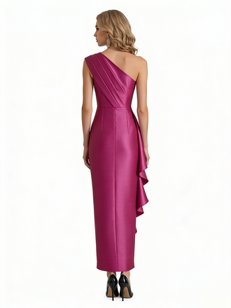 Sexy One Shoulder Silky Satin Ruffle Sheath Ankle-Length Formal Evening Gowns For Women