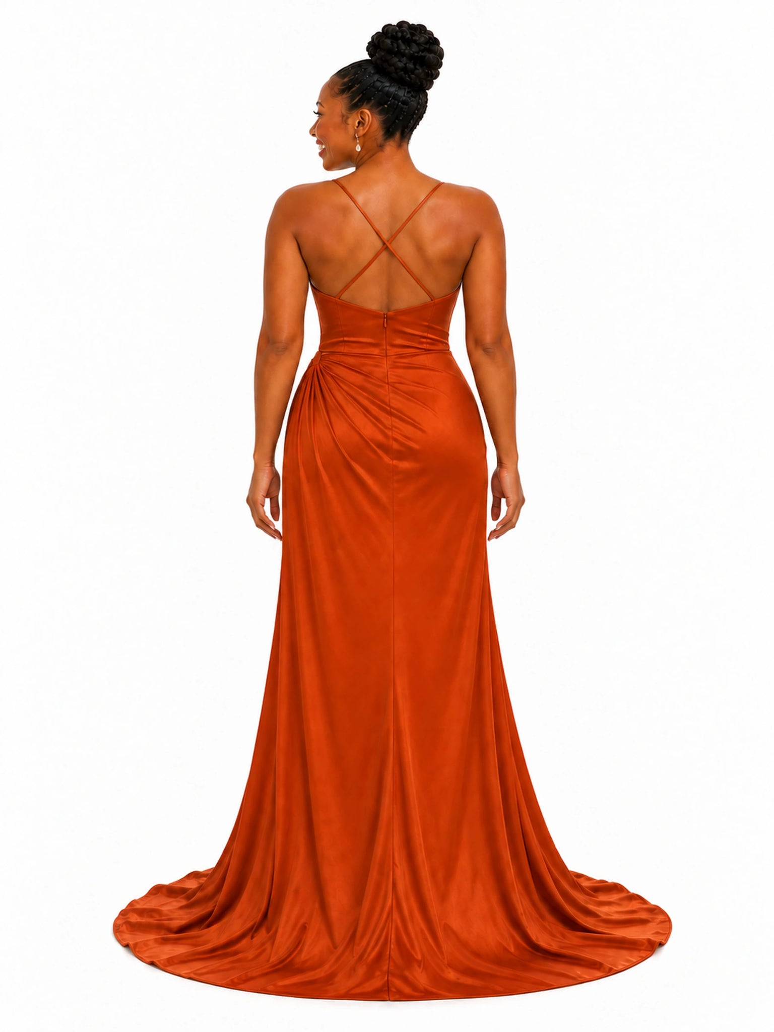 ChicSew Spaghetti Straps Ruching Mermaid Soft Satin Long Bridesmaid Dresses With Side Slit