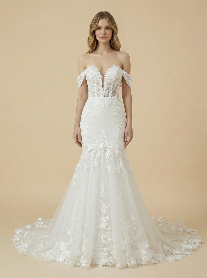 Mermaid Off Shoulder V-Neck Boning Maxi Long Lace Wedding Dresses Online