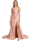 Stunning Side Slit Bow Knot Open Back Satin Prom Gown Unique Mermaid Long Dress