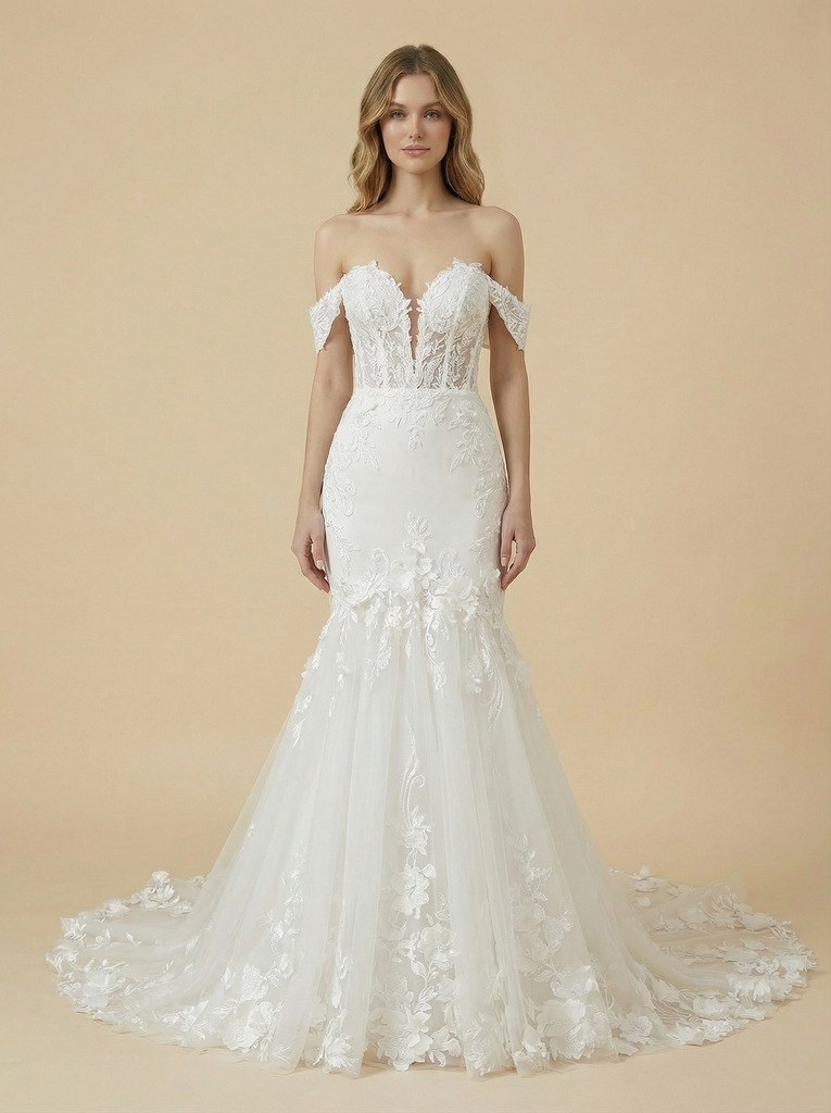 Mermaid Off Shoulder V-Neck Boning Maxi Long Lace Wedding Dresses Online