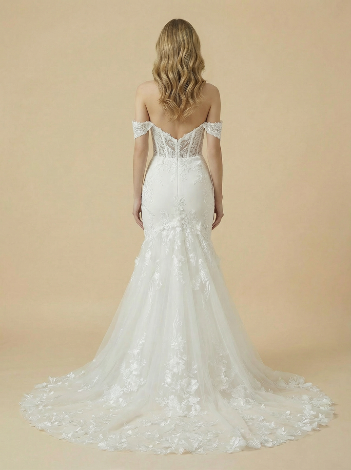 Mermaid Off Shoulder V-Neck Boning Maxi Long Lace Wedding Dresses Online