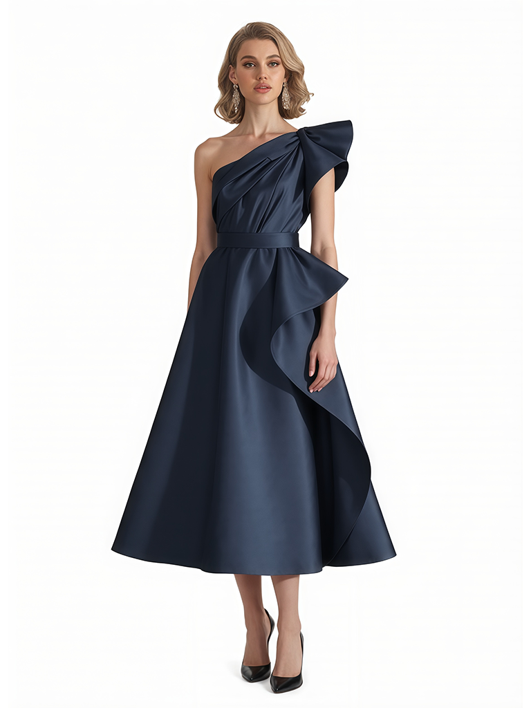 Sexy One Shoulder Silky Satin Ruffle A-Line Midi Formal Evening Gowns For Ladies