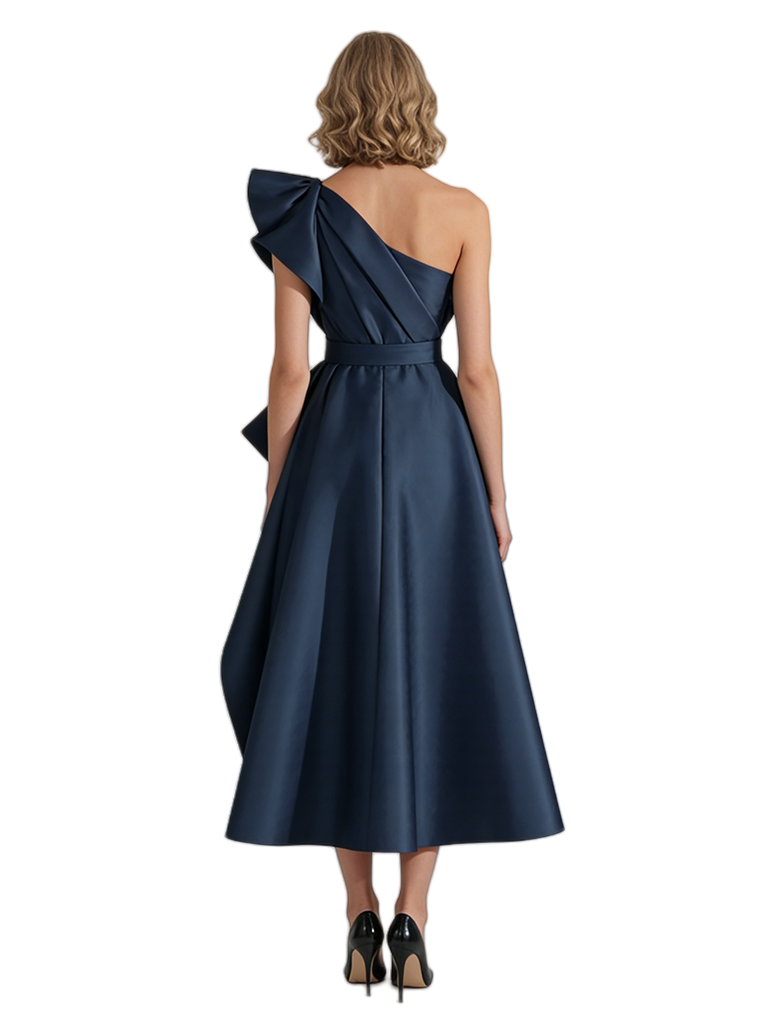 Sexy One Shoulder Silky Satin Ruffle A-Line Midi Formal Evening Gowns For Ladies