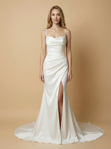 Mermaid Spaghetti Straps Square Side Slit Ruched Maxi Long Satin Wedding Dresses Online
