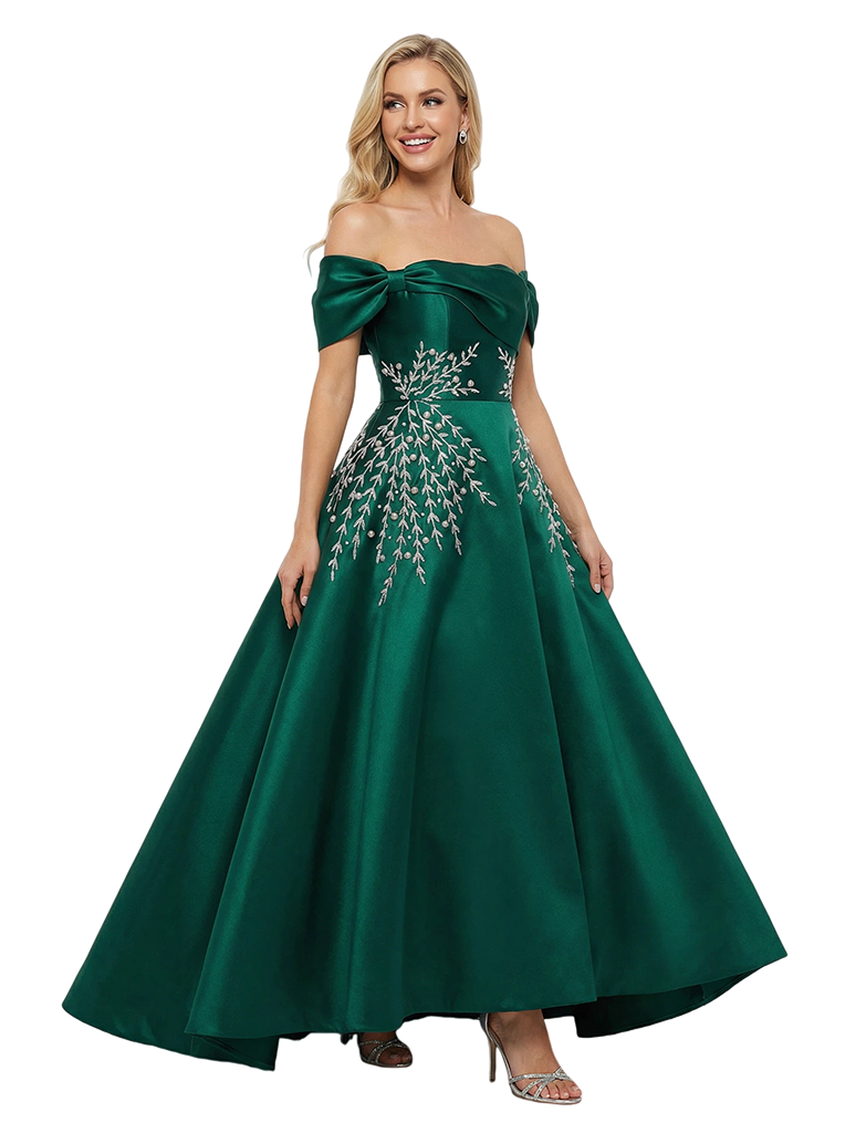 Unique Off The Shoulder Satin A-Line Applique Prom Dress With Bow Knot - ChicSew Unique Off The Shoulder Satin A-Line Applique Prom Dress With Bow Knot - ChicSew