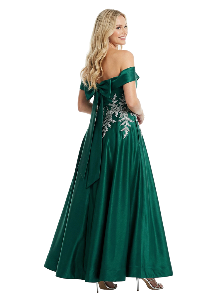Unique Off The Shoulder Satin A-Line Beaded Prom Dress With Bow Knot