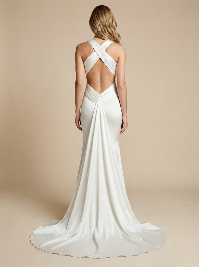 Mermaid Halter V-Neck Ruched Maxi Long Satin Wedding Dresses Online