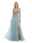 ChicSew Sexy See Through V-Neck Sleeveless Beaded Side Slit A-Line Floor Length Prom Dress