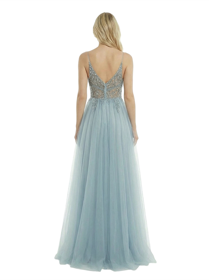 ChicSew Sexy See Through V-Neck Sleeveless Beaded Side Slit A-Line Floor Length Prom Dress