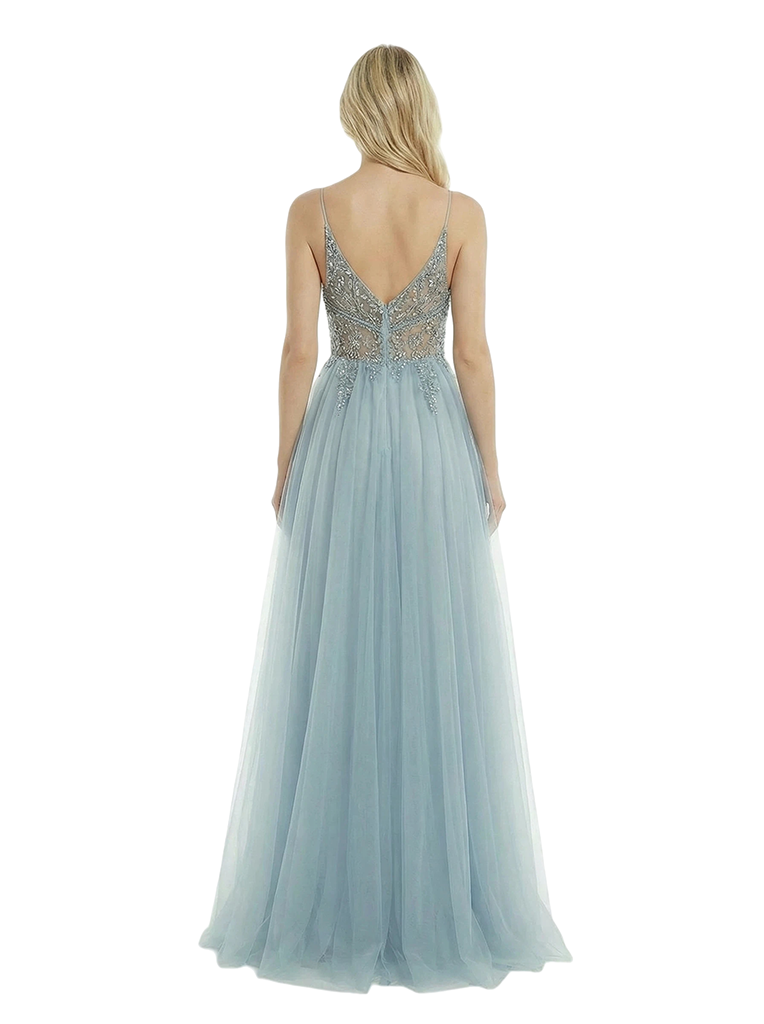 ChicSew Sexy See Through V-Neck Sleeveless Beaded Side Slit A-Line Floor Length Prom Dress
