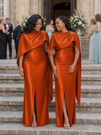 ChicSew Unique Rhinestone Soft Satin Long Mermaid Bridesmaid Dresses With Slit