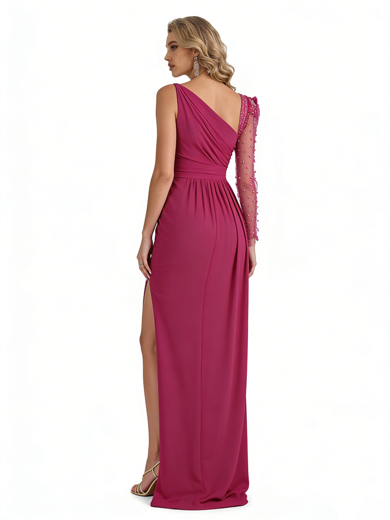 Sexy Asymmetrical Long Sleeve Mermaid Jersey Long Formal Dresses For Women