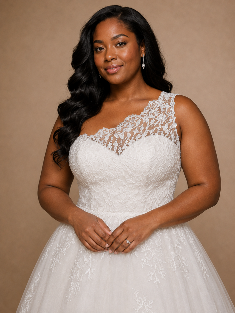 ChicSew Classy One Shoulder A-Line Sleeveless Lace Tulle Maxi Wedding Dress