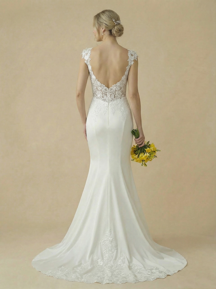 Mermaid Spaghetti Straps V-Neck Maxi Long Lace And Satin Wedding Dresses Online