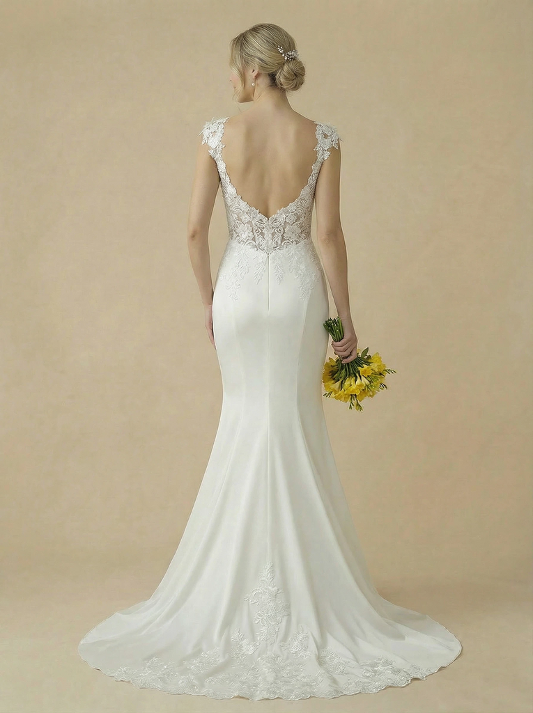Mermaid Spaghetti Straps V-Neck Maxi Long Lace And Satin Wedding Dresses Online