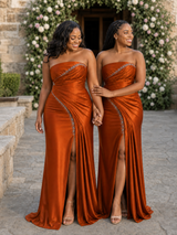 ChicSew Strapless Ruching Rhinestone Mermaid Soft Satin Maxi Bridesmaid Dresses With Slit