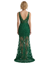 Sexy V-Neck Sleeveless Side Slit Mermaid Prom Dress With 3D Floral Lace Appliques