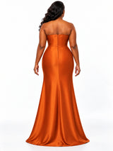 ChicSew Strapless Ruching Rhinestone Mermaid Soft Satin Maxi Bridesmaid Dresses With Slit