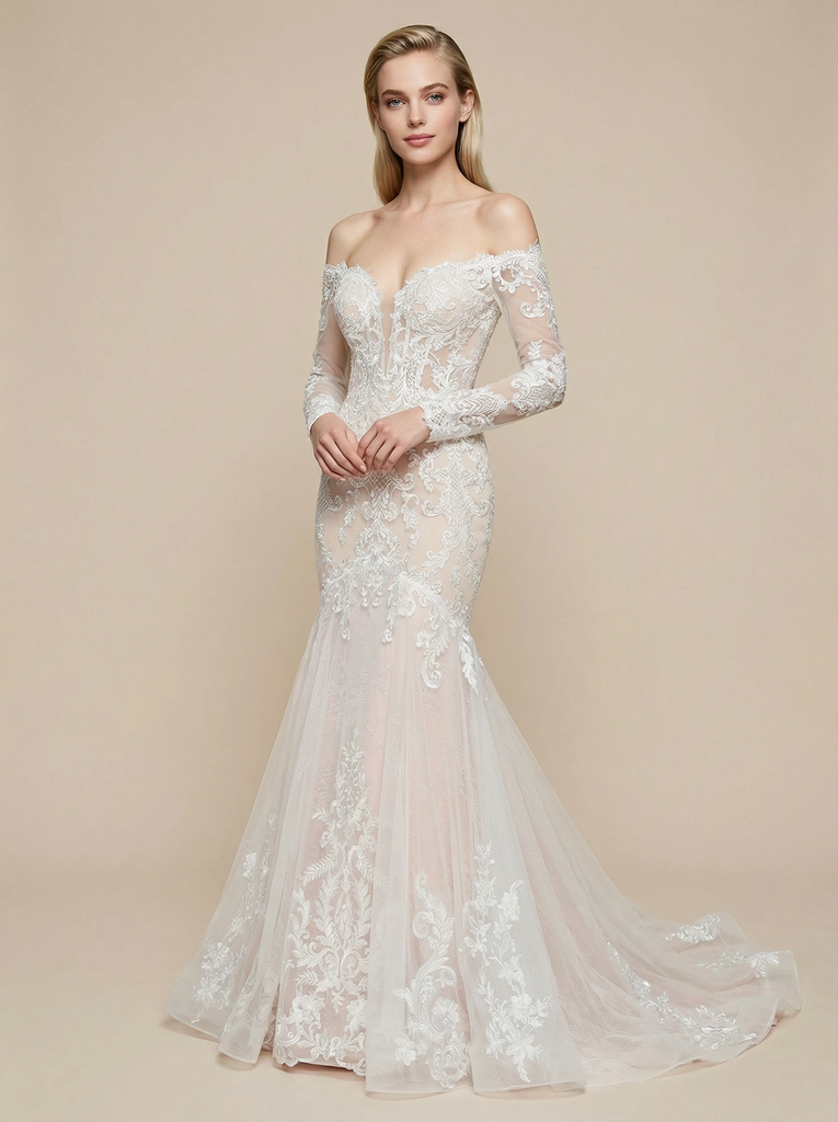 Mermaid V-Neck Boning Long Sleeves Maxi Long Lace Wedding Dresses Online