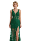 Sexy V-Neck Sleeveless Side Slit Mermaid Prom Dress With 3D Floral Lace Appliques
