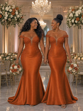 ChicSew Sweetheart Off Shoulder Lace Appliques Mermaid Soft Satin Maxi Bridesmaid Dresses