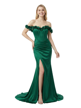 Beautiful Off Shoulder  Boning  Prom Dress with 3D Floral Appliques and High Slit