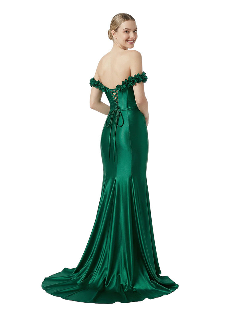 Beautiful Off Shoulder  Boning  Prom Dress with 3D Floral Appliques and High Slit