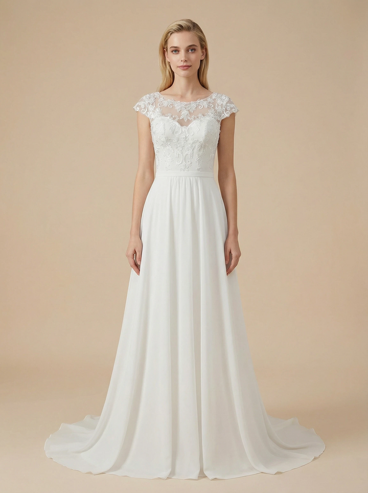 A-Line Cap Sleeves Bateau Lace Chiffon Maxi Long Wedding Dresses For Beach Wedding